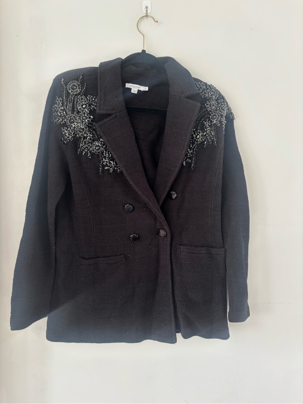 Chico's M Embellished Black Double-Breasted Blazer Jacket - Picture 2 of 6